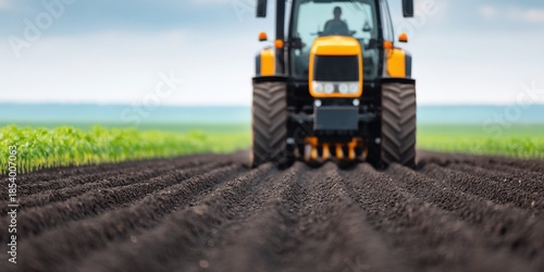 Agriculture robot assist, Tractor cultivating soil in a vast agricultural field.