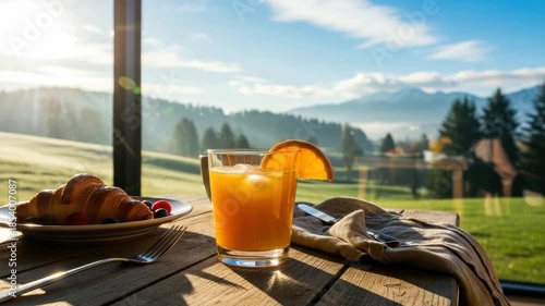 Breakfast juice and pastry with scenic mountain view