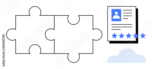 Puzzle pieces symbolizing collaboration link to a profile document with a five-star rating, aligned with a cloud icon. Ideal for teamwork, profile building, cloud solutions, quality assurance