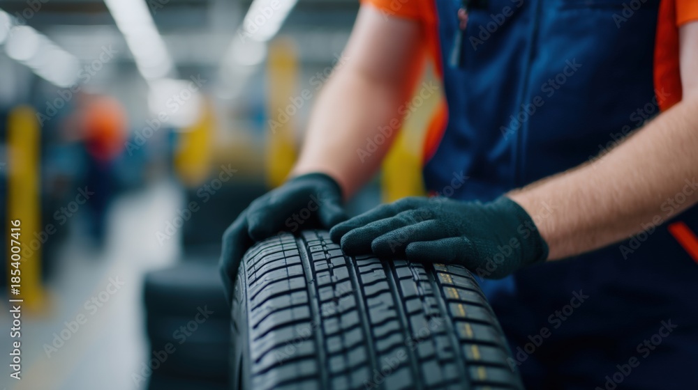 Naklejka premium Agriculture robot assist, Worker inspecting a tire in a manufacturing facility.