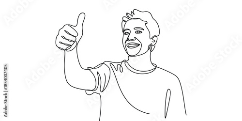 One line drawing of happy man giving thumbs up gesture