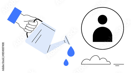 Growth concept. Watering can pouring drops personal growth with profile icon hinting at development. Growth visualization for teamwork, education, self-improvement, human resources, startups