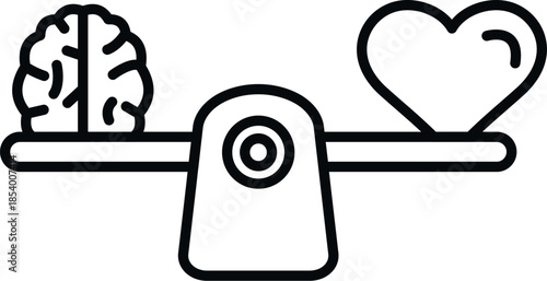 Brain and heart icon balancing on a seesaw representing logic versus emotion