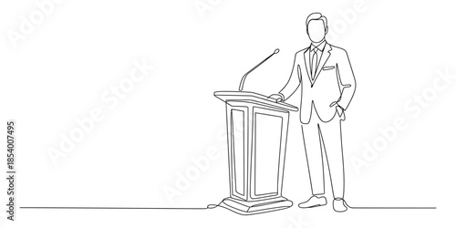 One line drawing of businessman speaker standing at podium with microphone