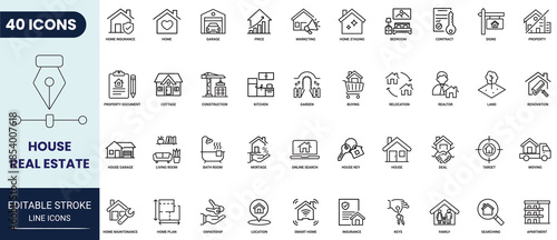 House or Real estate line icon set. Includes house, real estate, property, buying, key, building, apartment, home, and more. Editable stroke. Full vector.