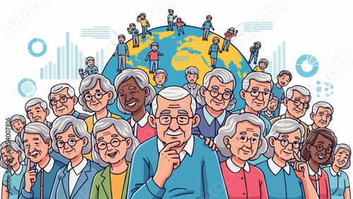 Diverse group of smiling elderly people gathered together.