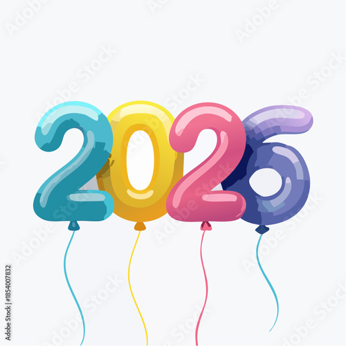 Vibrant 2026 balloons floating in air with colorful strings