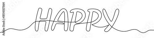 The word "HAPPY" in block letters. Drawing in one line art style with editable black stroke on a white background. Vector illustration, concept of happiness, greeting, or positive mood.