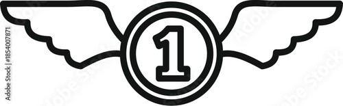Circle with number one and wings representing first place award or winner achievement