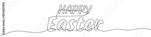 The phrase "HAPPY EASTER" in block letters. Drawing in one line art style with editable black stroke on a white background. Vector illustration, Easter greeting or holiday concept.