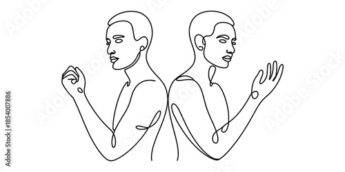 Continuous line drawing of two men back to back facing opposite directions