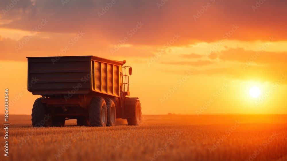 Fototapeta premium Agriculture robot assist, Tractor in a field during a vibrant sunset.
