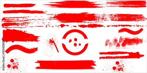 Asian calligraphy brushstroke set. Straight red ink vector lines pack. Bloody color long and round hand-drawn brushstroke text highlights  frames  circles.