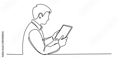 Man reading on a tablet, continuous line drawing