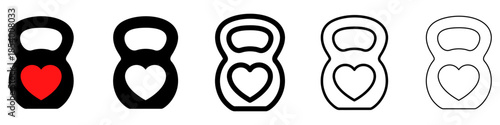 Kettlebell with heart icon. Sports equipment with a symbol of love and fitness: red, black silhouette, and outline lines. Five style variations. Vector illustration.