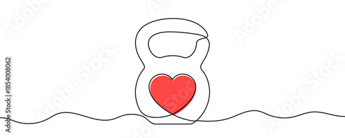 Classic kettlebell with a red heart in the center. Drawing in one line art style with editable black stroke on a white background. Vector illustration, sport and cardio training concept.