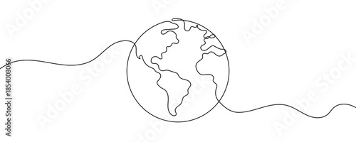 Planet Earth in one line art style. Drawing with editable black stroke on a white background. Vector illustration, ecology concept.