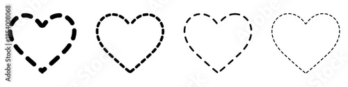 Heart icon. Symbol of love: dashed outline lines. Four style variations. Vector illustration.