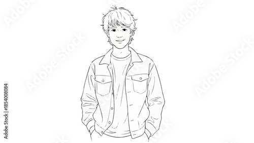 Young Man Wearing Denim Jacket Illustration.