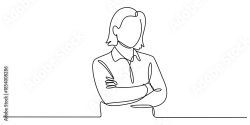One line drawing of a confident businesswoman with arms crossed