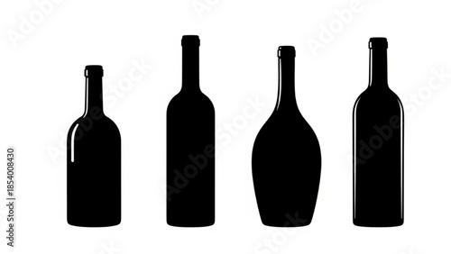 Black Wine Bottle Silhouette Vector Showing Short Tall Rounded and Squared Designs