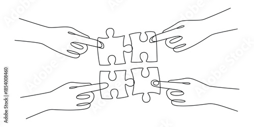 Four hands connecting four puzzle pieces in a line drawing style