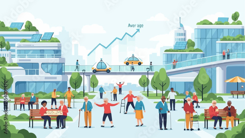 Active seniors enjoying a vibrant and healthy lifestyle in a modern city.