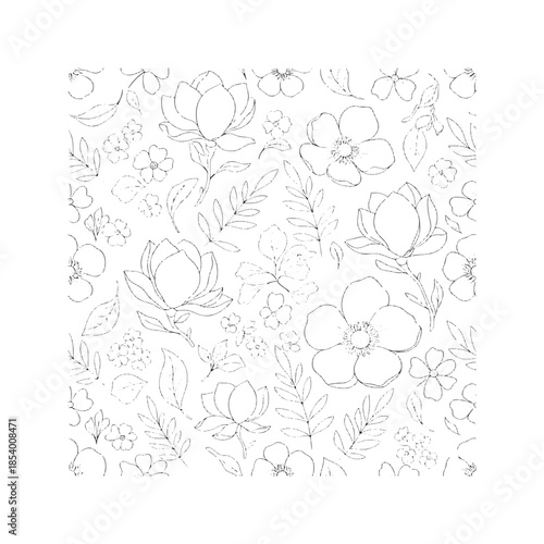 Seamless floral pattern with magnolia and dogwood flowers, black and white botanical line art vector illustration for coloring book, wallpaper, or fabric design.

