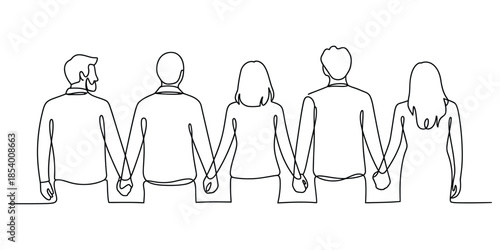 Group of five people holding hands in continuous line art