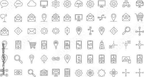 Business and ecommerce line icon set featuring cloud services, mobile apps, shopping, navigation, data management and digital interface symbols