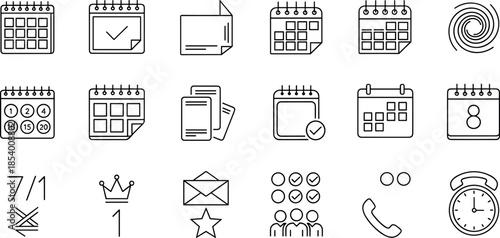 Calendar and schedule line icon set featuring date planning, event reminders, time management, appointments, organization and productivity symbols