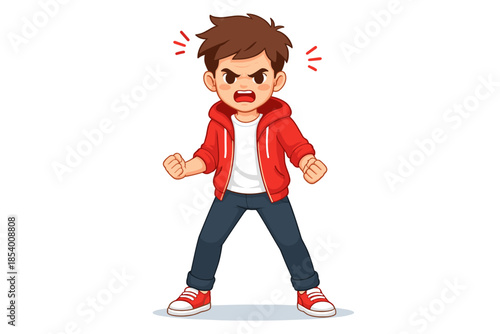 Cartoon angry boy in red jacket expressing frustration on white background