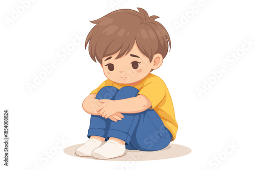 Sad child sitting alone with folded arms in cartoon style on white background
