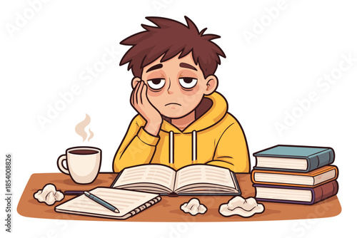 Tired student studying with coffee and books on desk