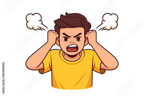 Angry cartoon character yelling with steam: expressive emotion illustration of frustrated young man in yellow shirt