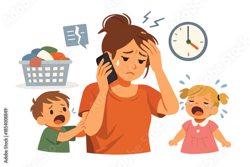 Stressed mother on phone with crying children and overloaded laundry basket