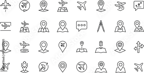 Travel and aviation line icon set featuring airplanes, location pins, maps, navigation symbols, destination markers and global transportation elements