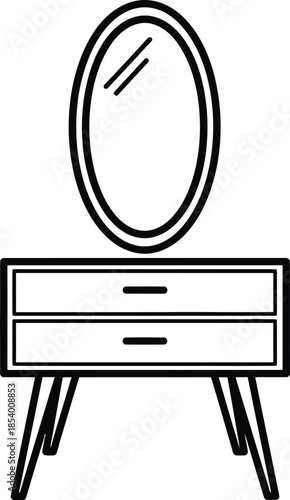 Minimalist black and white line drawing of a dressing table featuring an oval mirror