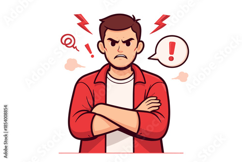 Angry man cartoon with folded arms and red shirt expressing frustration