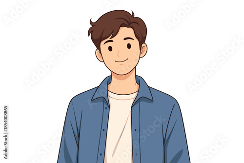 Smiling young man in blue shirt with brown hair on white background