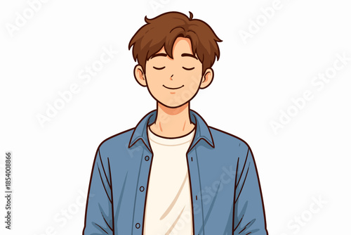 Smiling man in casual attire with brown hair and closed eyes on white background