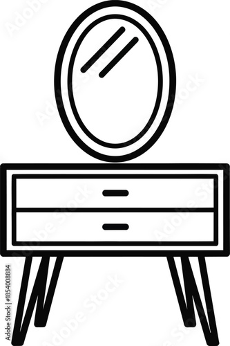 A simple line art illustration of a dresser with an oval mirror on top
