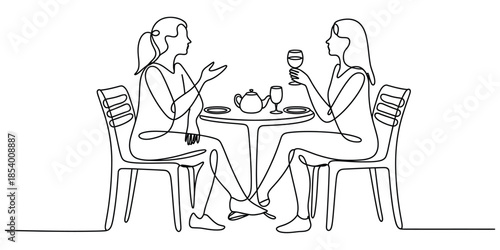 Two women friends talking at a table with drinks, continuous line art