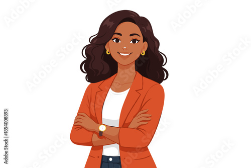 Confident businesswoman with curly hair in orange blazer smiling