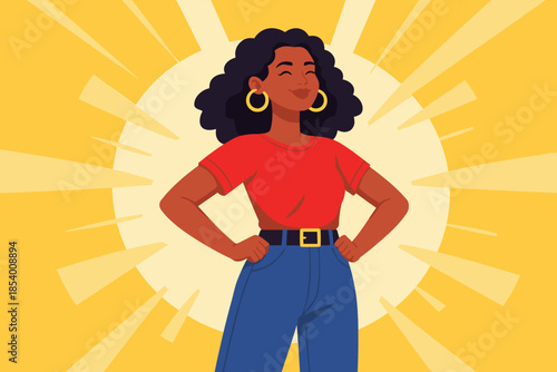 Confident woman standing with hands on hips in sunburst background