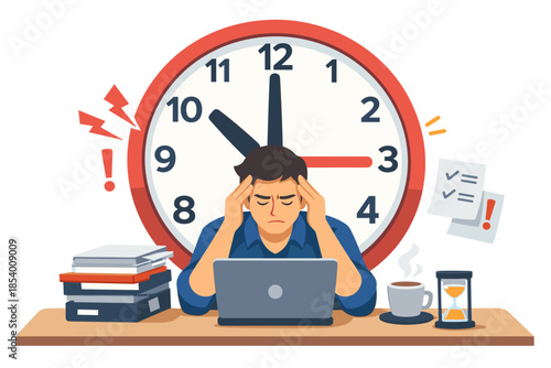 Stressed office worker at desk with laptop and large clock symbolizing deadline pressure
