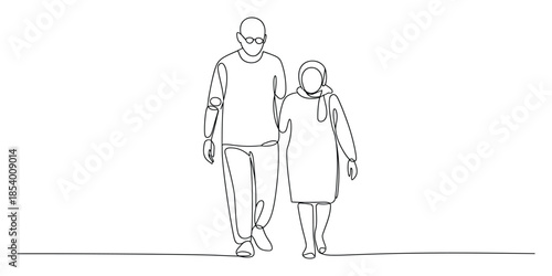 One line drawing of elderly couple walking together holding arms
