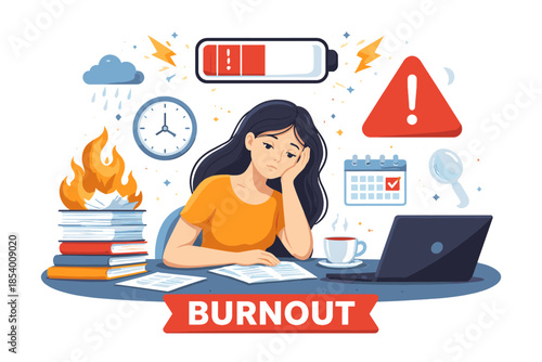 Stressed woman at work desk surrounded by overwhelming tasks and deadlines