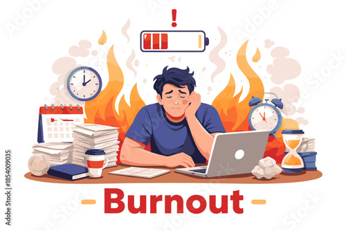Burnout concept: overwhelmed worker with low battery and flames surrounded by clocks and paper stacks