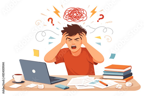 Frustrated student at desk with laptop and books in flat style